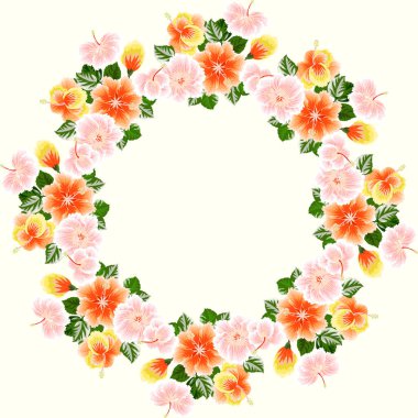 Kırmızı çiçekli tropikal çelenkler ve taze yapraklar. Çiçeksel egzotik bir geçmişi var. Yuvarlak çerçeve. Vektör tebrik kartı şablonu. Poster, tişört, yastık, ev dekorasyonu için tasarım..