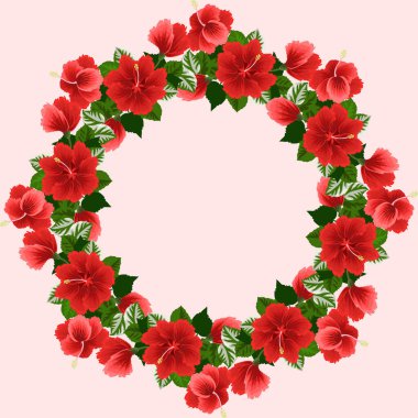 Kırmızı çiçekli tropikal çelenkler ve taze yapraklar. Çiçeksel egzotik bir geçmişi var. Yuvarlak çerçeve. Vektör tebrik kartı şablonu. Poster, tişört, yastık, ev dekorasyonu için tasarım..