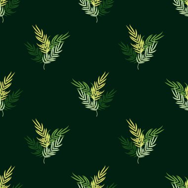 Soyut renkli parlak palmiye yapraklarında kusursuz desen. Tekstil, duvar kâğıdı, kapaklar, yüzey, baskı, paket, hatıra defteri, dekupaj için egzotik arkaplan.