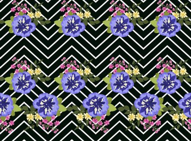 Küçük ölçekli sevimli çiçek desenli petunyalarda kusursuz bir sınır. Millefleur 'lar. Tekstil, duvar kağıdı, kapaklar, yüzey, baskı, hediye paketi, hatıra defteri, dekupaj için çiçek geometrik arkaplan.