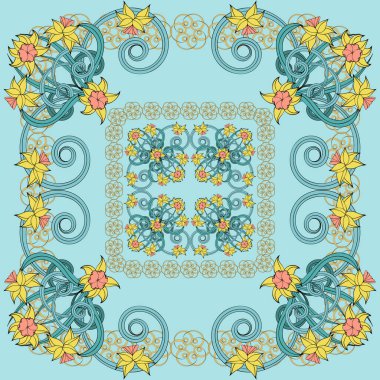 Küçük narsisli kare kompozisyon. Art Nouveau tarzı. Eşarp izi, tekstil, kapak, yüzey, hatıra defteri ve dekupaj için harika bir geçmiş. Bandana, pareo, şal tasarımı.
