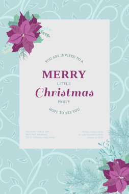 Noktalı çiçekli davetiye kartı, Noel ağacı dalları, otlar. Kış dönemi. Tebrik kartı şablonu. Poster için tasarım, düğün davetiyesi. Metin için yer.