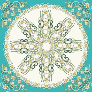 Küçük narsisli kare kompozisyon. Art Nouveau tarzı. Eşarp izi, tekstil, kapak, yüzey, hatıra defteri ve dekupaj için harika bir geçmiş. Bandana, pareo, şal tasarımı.