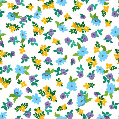 Küçük saf çiçekler kusursuz desen. Kaotik düzen. Özgürlük tarzında yaz modasına uygun çiçek geçmişi. Tekstil, duvar kağıdı, yüzey, baskı, hediye paketi, hatıra defteri, dekupaj