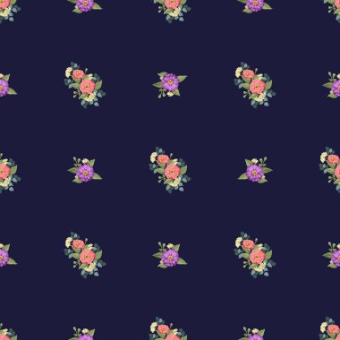 Küçük bahçe çiçekleri içinde kusursuz parlak desenler. Millefleur. Tekstil, duvar kağıdı, kapaklar, yüzey, baskı, hediye paketi, hatıra defteri, dekupaj