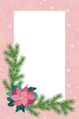 Noktalı çiçekli davetiye kartı, Noel ağacı dalları, otlar. Kış dönemi. Tebrik kartı şablonu. Poster için tasarım, düğün davetiyesi. Mesaj için yer. Raster kopyası