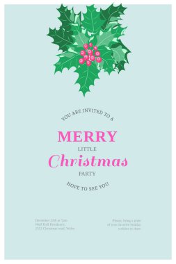 Noktalı çiçekli davetiye kartı, Noel ağacı dalları, otlar. Kış dönemi. Tebrik kartı şablonu. Poster için tasarım, düğün davetiyesi. Metin için yer.