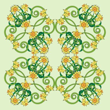 Küçük narsisli kare kompozisyon. Art Nouveau tarzı. Eşarp izi, tekstil, kapak, yüzey, hatıra defteri ve dekupaj için harika bir geçmiş. Bandana, pareo, şal tasarımı.