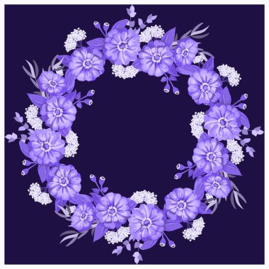 Şirin çinnia çiçeklerinden, gümüş okaliptüs dalından, söğüt ağacından çiçek desenli yuvarlak bir çerçeve. Tebrik kartı şablonu. Poster, tişört, yastık, ev dekorasyonu için tasarım. Yeşil yapraklı yaz çiçekleri.