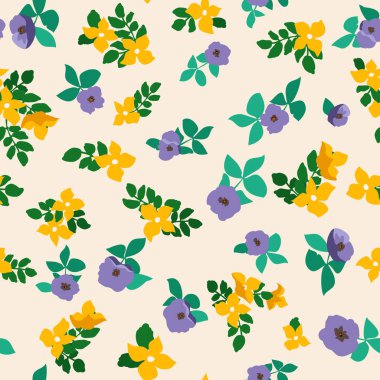 Küçük saf çiçekler kusursuz desen. Kaotik düzen. Özgürlük tarzında yaz modasına uygun çiçek geçmişi. Tekstil, duvar kağıdı, yüzey, baskı, hediye paketi, hatıra defteri, dekupaj