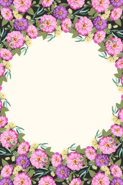 Şirin çinnia çiçeklerinden, gümüş okaliptüs dalından, söğüt ağacından çiçek desenli yuvarlak bir çerçeve. Tebrik kartı şablonu. Poster, tişört, yastık, ev dekorasyonu için tasarım. Yeşil yapraklı yaz çiçekleri.