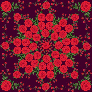 Gül karesi kompozisyonu halk çiçeği. Taşra tarzı millefleurlar. Eşarp izi, tekstil, kapak, yüzey, hatıra defteri, dekupaj için çiçekli çayır büyüleyici bir arka plan. Bandana, şal, pareo tasarımı.