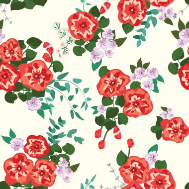 Şirin petunyaların küçük çiçekleriyle hoş, pürüzsüz bir desen. Düzenli olarak. Taşra tarzı millefleurlar. Ev tekstil, iç mekan, çarşaf için çiçek arkaplan.