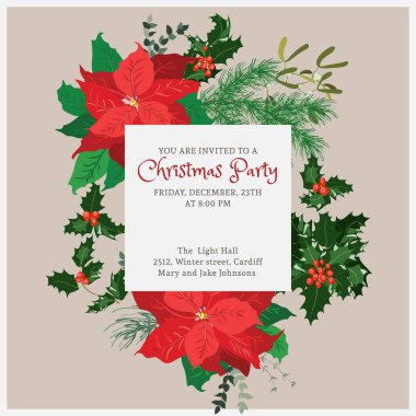 Noktalı çiçekli davetiye kartı, Noel ağacı dalları, otlar. Kış dönemi. Tebrik kartı şablonu. Poster için tasarım, düğün davetiyesi. Metin için yer.