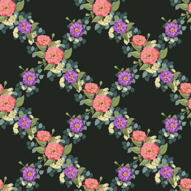 Küçük bahçe çiçekleri içinde kusursuz parlak desenler. Millefleur. Tekstil, duvar kağıdı, kapaklar, yüzey, baskı, hediye paketi, hatıra defteri, dekupaj