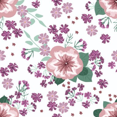 Şirin petunyaların küçük çiçekleriyle hoş, pürüzsüz bir desen. Düzenli olarak. Taşra tarzı millefleurlar. Ev tekstil, iç mekan, çarşaf için çiçek arkaplan.