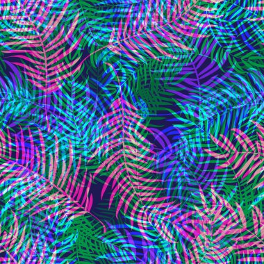 Soyut renkli parlak palmiye yapraklarında kusursuz desen. Tekstil, duvar kâğıdı, kapaklar, yüzey, baskı, paket, hatıra defteri, dekupaj için egzotik arkaplan.