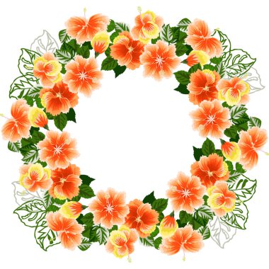 Kırmızı çiçekli tropikal çelenkler ve taze yapraklar. Çiçeksel egzotik bir geçmişi var. Yuvarlak çerçeve. Vektör tebrik kartı şablonu. Poster, tişört, yastık, ev dekorasyonu için tasarım..