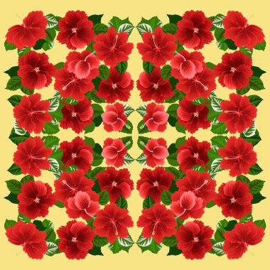 Amfibik tropikal çiçeklerdeki kompozisyon. Eşarp izi, tekstil, kapak, yüzey, hatıra defteri ve dekupaj için ilginç bir arka plan. Bandana, pareo tasarımı. 