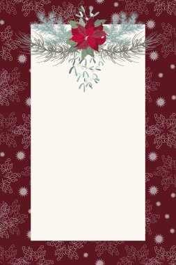 Noktalı çiçekli davetiye kartı, Noel ağacı dalları, otlar. Kış dönemi. Tebrik kartı şablonu. Poster için tasarım, düğün davetiyesi. Mesaj için yer. Raster kopyası
