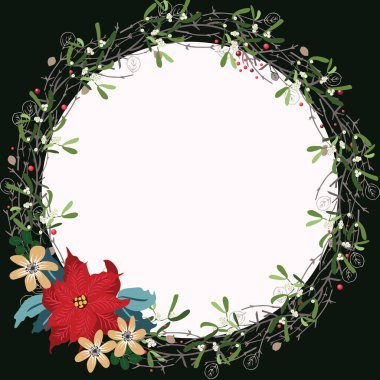 Şirin halk çiçeklerinin çiçekli yuvarlak çerçevesi. Tebrik kartı şablonu. Poster, tişört, yastık, ev dekorasyonu için tasarım. Yaz çiçekleri