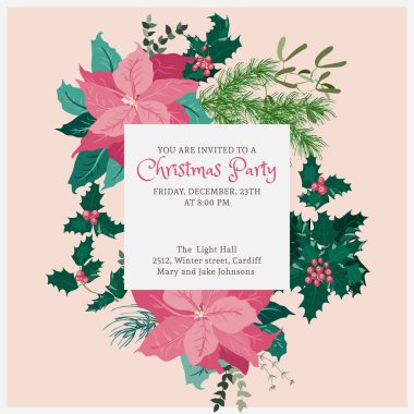 Noktalı çiçekli davetiye kartı, Noel ağacı dalları, otlar. Kış dönemi. Tebrik kartı şablonu. Poster için tasarım, düğün davetiyesi. Metin için yer.