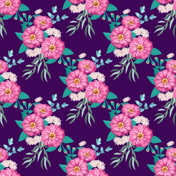 Magnifique Motif Lumineux Sans Couture Dans Petites Fleurs Jardin Zinnia — Image vectorielle