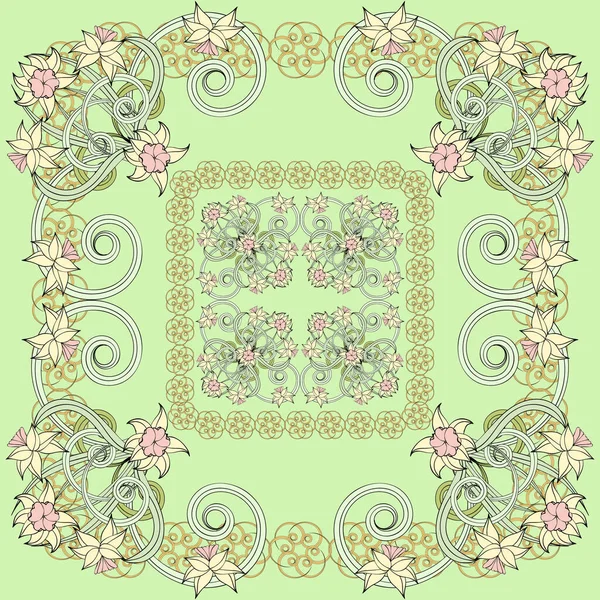 小さなナルシシズムにおける正方形の構成 アールヌーボー様式 スカーフプリント テキスタイル カバー スクラップブッキング デカッページのための花のヴィンテージ魅惑的な背景 バンダナパレオショールデザイン — ストックベクタ