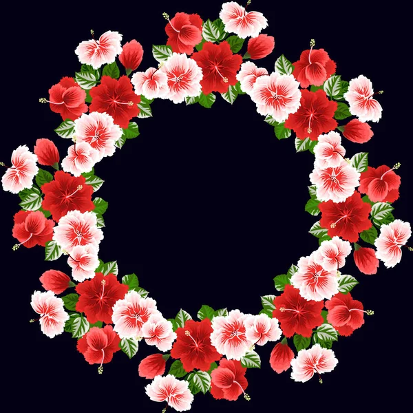 Στεφάνι Τροπικά Λουλούδια Από Κόκκινο Ιβίσκο Και Φρέσκα Φύλλα Φλοράλ — Διανυσματικό Αρχείο