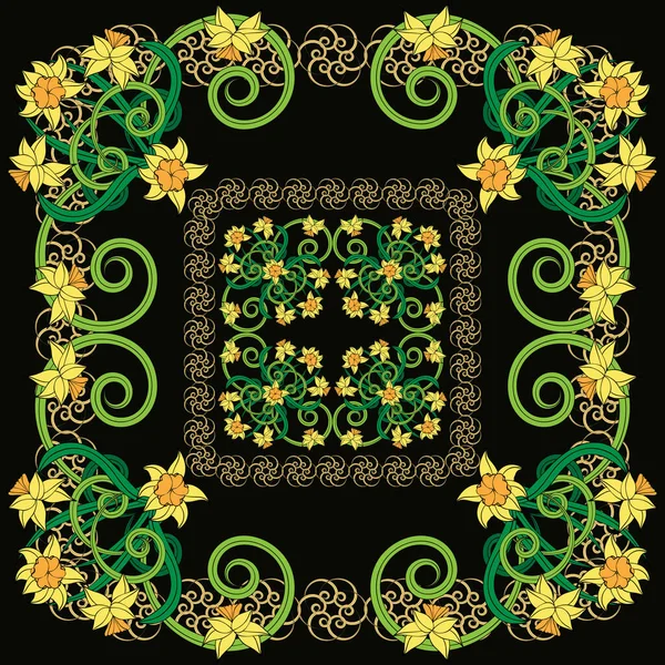 小さなナルシシズムにおける正方形の構成 アールヌーボー様式 スカーフプリント テキスタイル カバー スクラップブッキング デカッページのための花のヴィンテージ魅惑的な背景 バンダナパレオショールデザイン — ストックベクタ