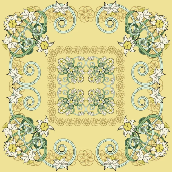 Composition Carrée Petits Narcisses Style Art Nouveau Fond Floral Vintage — Image vectorielle