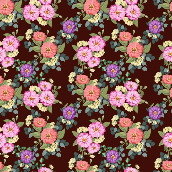 Magnifique Motif Lumineux Sans Couture Dans Petites Fleurs Jardin Zinnia — Image vectorielle