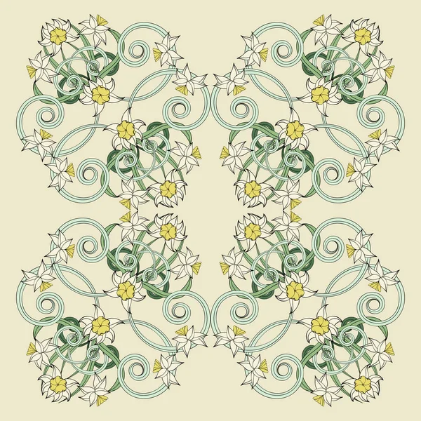 Composition Carrée Petits Narcisses Style Art Nouveau Fond Floral Vintage — Image vectorielle