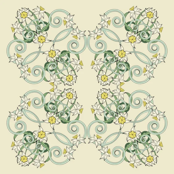 Küçük narsisli kare kompozisyon. Art Nouveau tarzı. Eşarp izi, tekstil, kapak, yüzey, hatıra defteri ve dekupaj için harika bir geçmiş. Bandana, pareo, şal tasarımı.