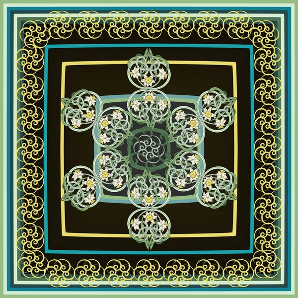 Küçük Narsisli Kare Kompozisyon Art Nouveau Tarzı Eşarp Izi Tekstil — Stok Vektör
