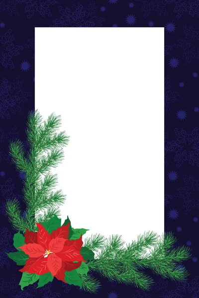 ポインセチアの花のヴィンテージ招待カード クリスマスツリー小枝 ハーブ 冬の背景 グリーティングカードのテンプレート ポスターのデザインアートワーク 結婚式の招待状 テキスト用の場所 ラスターコピー — ストックベクタ