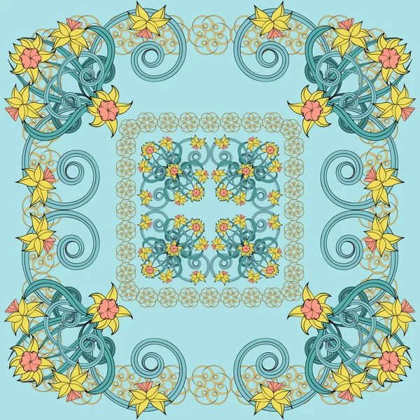 Küçük Narsisli Kare Kompozisyon Art Nouveau Tarzı Eşarp Izi Tekstil — Stok Vektör