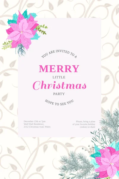 Florale Vintage Einladungskarte Weihnachtsstern Weihnachtsbaumzweigen Kräutern Winter Hintergrund Grußkarten Vorlage — Stockvektor