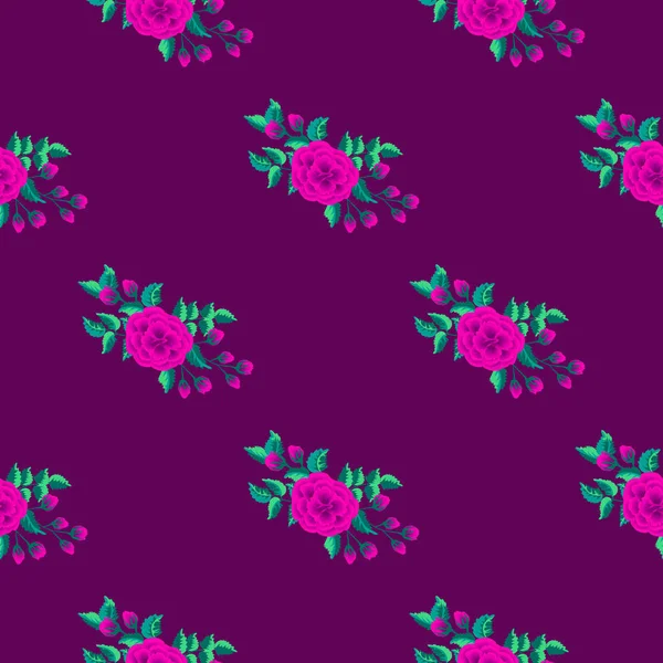 1ストローク絵の模倣と花のパターン バラの花とシームレスな民俗パターン ヴィンテージ古いスタイルの背景 カバー ギフトラップ デカッページのための — ストックベクタ