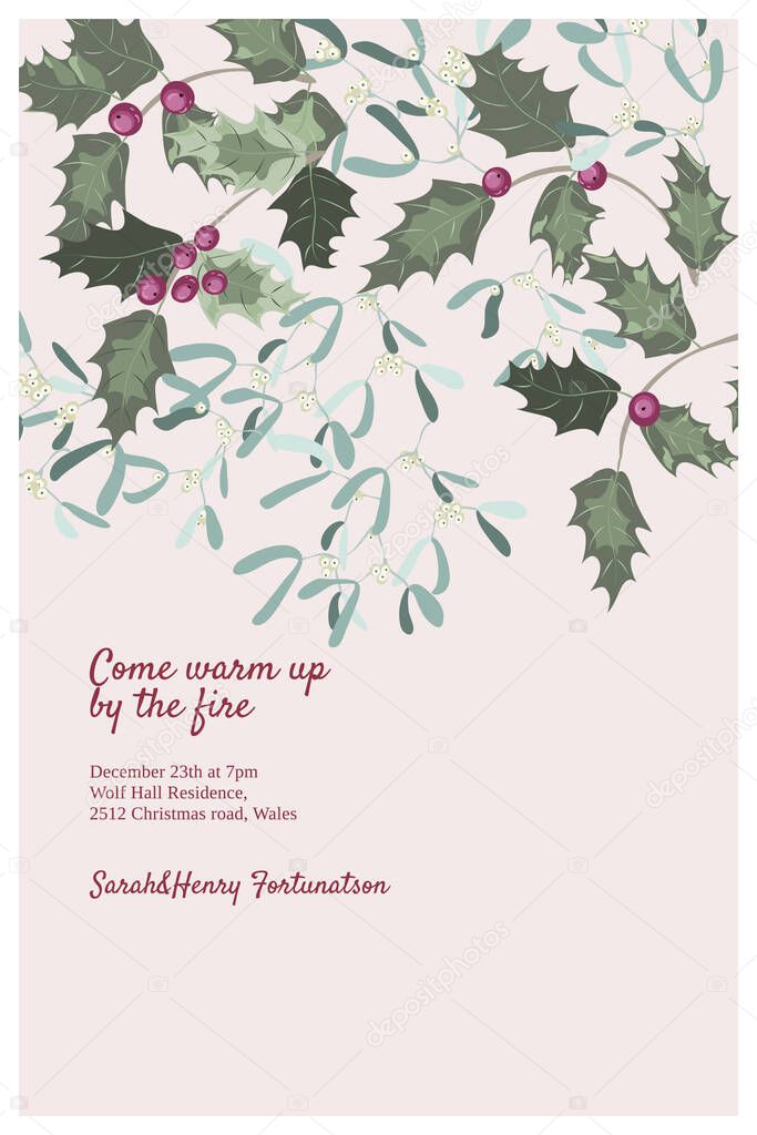 Floral vintage invitation card in poinsettia, Christmas tree twigs, herbs. Winter background. Greeting card template. Design artwork for the poster, wedding invitation. Place for text.
