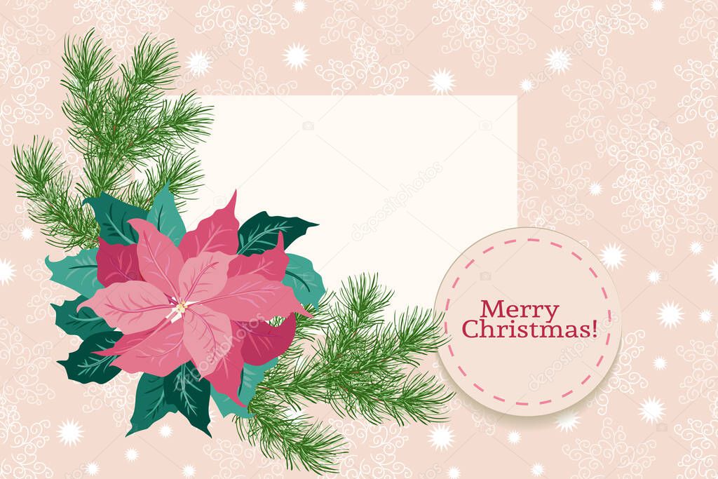 Floral vintage invitation card in poinsettia, Christmas tree twigs, herbs. Winter background. Greeting card template. Design artwork for the poster, wedding invitation. Place for text. Raster copy