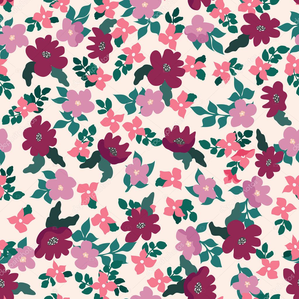 Small naive flowers seamless pattern. Chaotic order. Summer trendy floral background in liberty style. For textile, wallpaper, surface, print, gift wrap, scrapbooking, decoupage