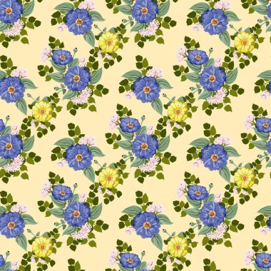 Küçük bahçe çiçekleri içinde kusursuz parlak desenler. Millefleur. Tekstil, duvar kağıdı, kapaklar, yüzey, baskı, hediye paketi, hatıra defteri, dekupaj