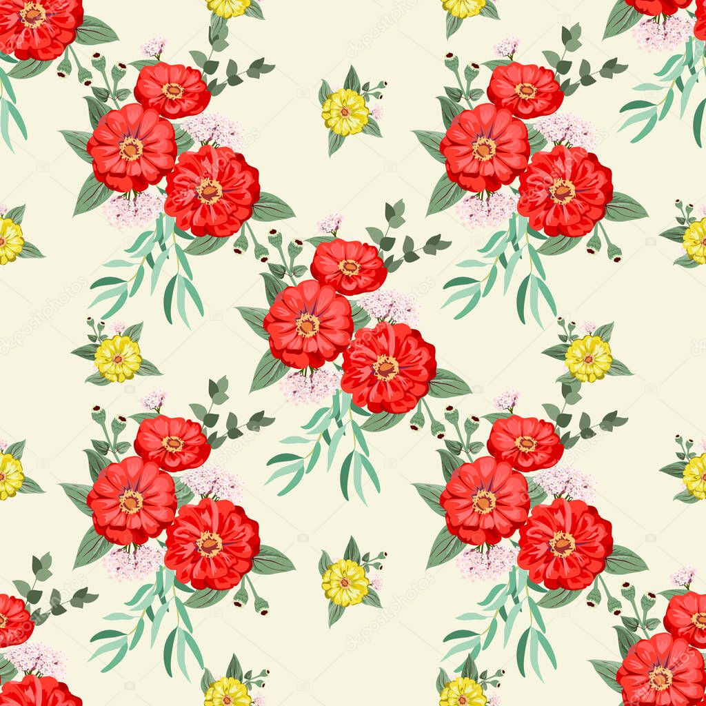 Seamless gorgeous bright pattern in small garden flowers of zinnia. Millefleur. Floral background for textile, wallpaper, covers, surface, print, gift wrap, scrapbooking, decoupage
