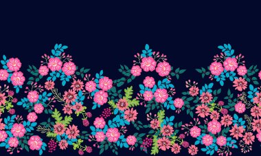 Küçük vahşi çiçeklerdeki kusursuz halk desenleri. Tekstil, duvar kağıdı, desen dolguları, kapaklar, yüzey, baskı, hatıra defteri, dekupaj için çiçek arkaplanı. Raster kopyası.