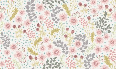 Küçük vahşi çiçeklerdeki kusursuz halk desenleri. Tekstil, duvar kağıdı, desen dolguları, kapaklar, yüzey, baskı, hatıra defteri, dekupaj için çiçek arkaplanı. Raster kopyası.