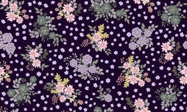 Küçük vahşi çiçeklerdeki kusursuz halk desenleri. Tekstil, duvar kağıdı, desen dolguları, kapaklar, yüzey, baskı, hatıra defteri, dekupaj için çiçek arkaplanı. Raster kopyası.