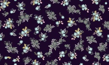 Küçük vahşi çiçeklerdeki kusursuz halk desenleri. Tekstil, duvar kağıdı, desen dolguları, kapaklar, yüzey, baskı, hatıra defteri, dekupaj için çiçek arkaplanı. Raster kopyası.