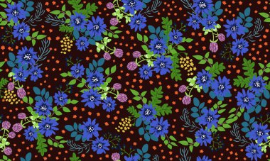 Küçük vahşi çiçeklerdeki kusursuz halk desenleri. Tekstil, duvar kağıdı, desen dolguları, kapaklar, yüzey, baskı, hatıra defteri, dekupaj için çiçek arkaplanı. Raster kopyası.