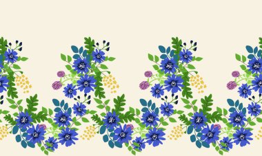 Küçük vahşi çiçeklerdeki kusursuz halk desenleri. Tekstil, duvar kağıdı, desen dolguları, kapaklar, yüzey, baskı, hatıra defteri, dekupaj için çiçek arkaplanı. Raster kopyası.